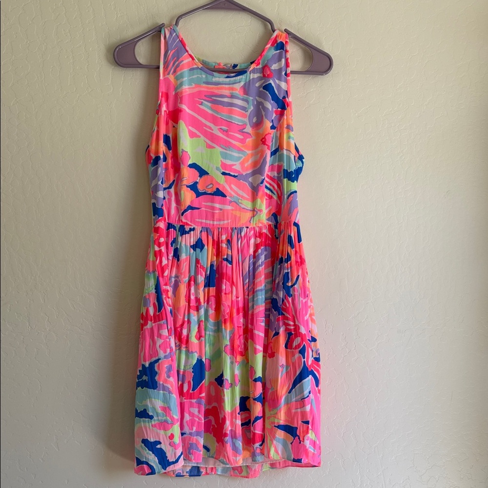 Lilly Pulitzer Kassia Neon Pink Blue Green Abstract Midi Dress